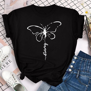 เสื้อยืดแขนสั้น พิมพ์ลายตัวอักษร happy and butterfly สีชมพู แบบเรียบง่าย เหมาะกับฤดูใบไม้ผลิ และฤดูร้อน สําหรับผู้หญิง