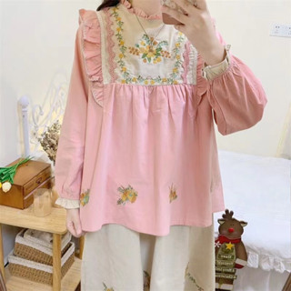 เสื้อเชิ้ตแขนยาว ทรงหลวม ปักลายดอกไม้ สไตล์เกาหลี สําหรับผู้หญิง