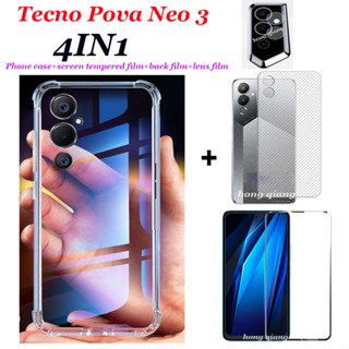 4in1tecno Pova Neo 3 Pova Neo 2 เคสโทรศัพท์ใส Tecno Pova Neo เคสโทรศัพท์กันกระแทก ถุงลมนิรภัย แบบใส + ฟิล์มนิรภัย เต็มจอ + ฟิล์มคาร์บอนไฟเบอร์ ฟิล์มสีดํา + ฟิล์มเลนส์