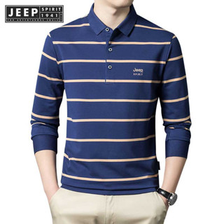 JEEP SPIRIT 1941 ESTD เสื้อโปโล ผ้าฝ้าย ระบายอากาศ ลายทาง สําหรับผู้ชาย