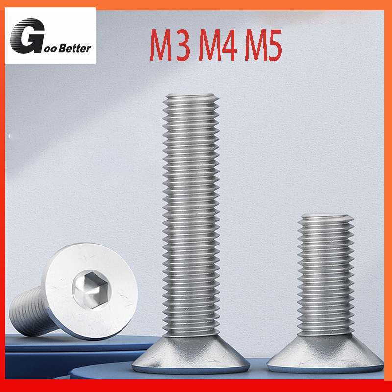 304 สแตนเลสสตีลหัวจมหกเหลี่ยมสกรู M3 M4 M5 สกรูหัวแบนหกเหลี่ยมสกรูเครื่อง