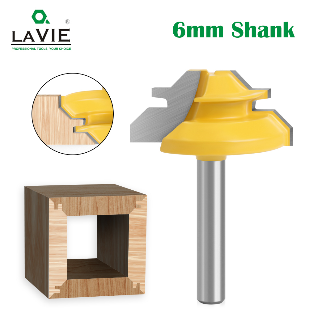 Lavie 1PC 6 มม.นิ้ว Shank 45 องศา 1/2 ล็อค Miter Router บิตงานไม้ Tenon เครื่องตัดมิลลิ่งคาร์ไบด์โลหะผสม