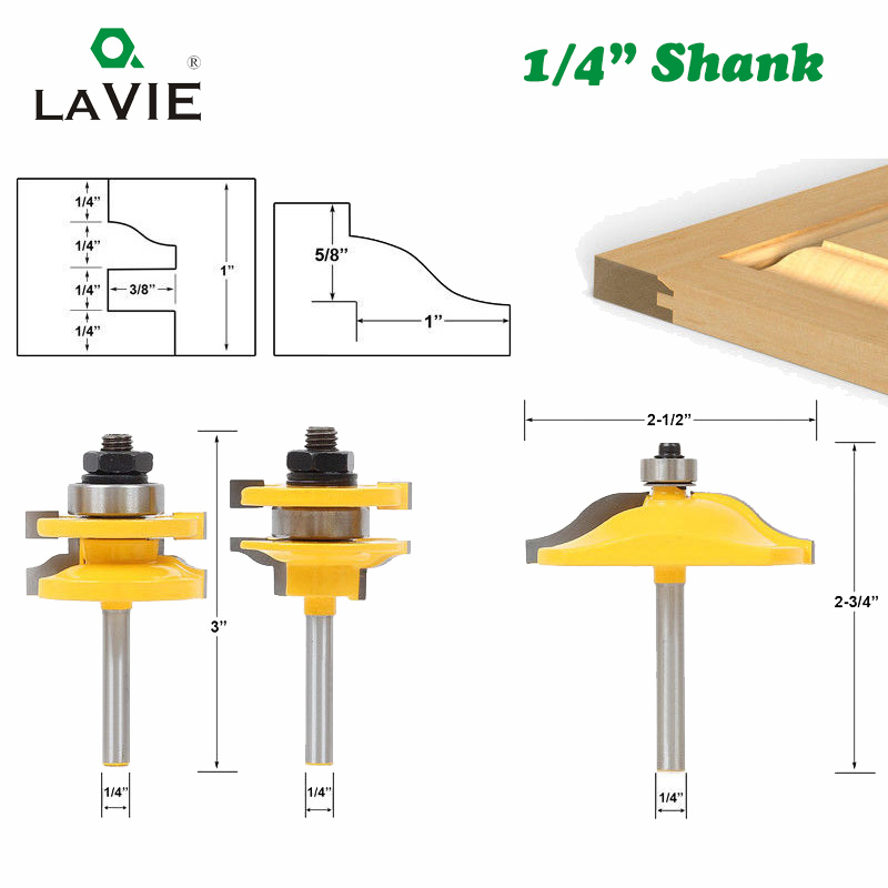 Lavie 1/4 "Shank 3 ชิ้นขนาดใหญ่แผงประตูตู้ Tenon Router Bit Cabinet Rail & Stile ชุดแผง Raiser Ogee ไม้มิลลิ่งเครื่องตัด MC01146