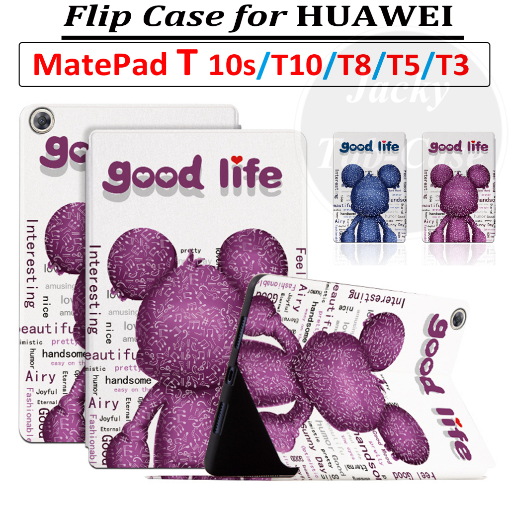 เคสหนัง PU ฝาพับ ลายหมี พร้อมช่องใส่บัตร สําหรับ HUAWEI MatePad T 10s T10S T10 T8 T5 T3 9.6 9.7 10.1