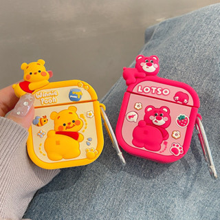 Creative 3D Winnie Bear Strawberry Bear For AirPods 1 2 3 Pro 2 Protective Case Wireless Bluetooth Headphone Charging Case Soft Silicone Shockproof Ring Case