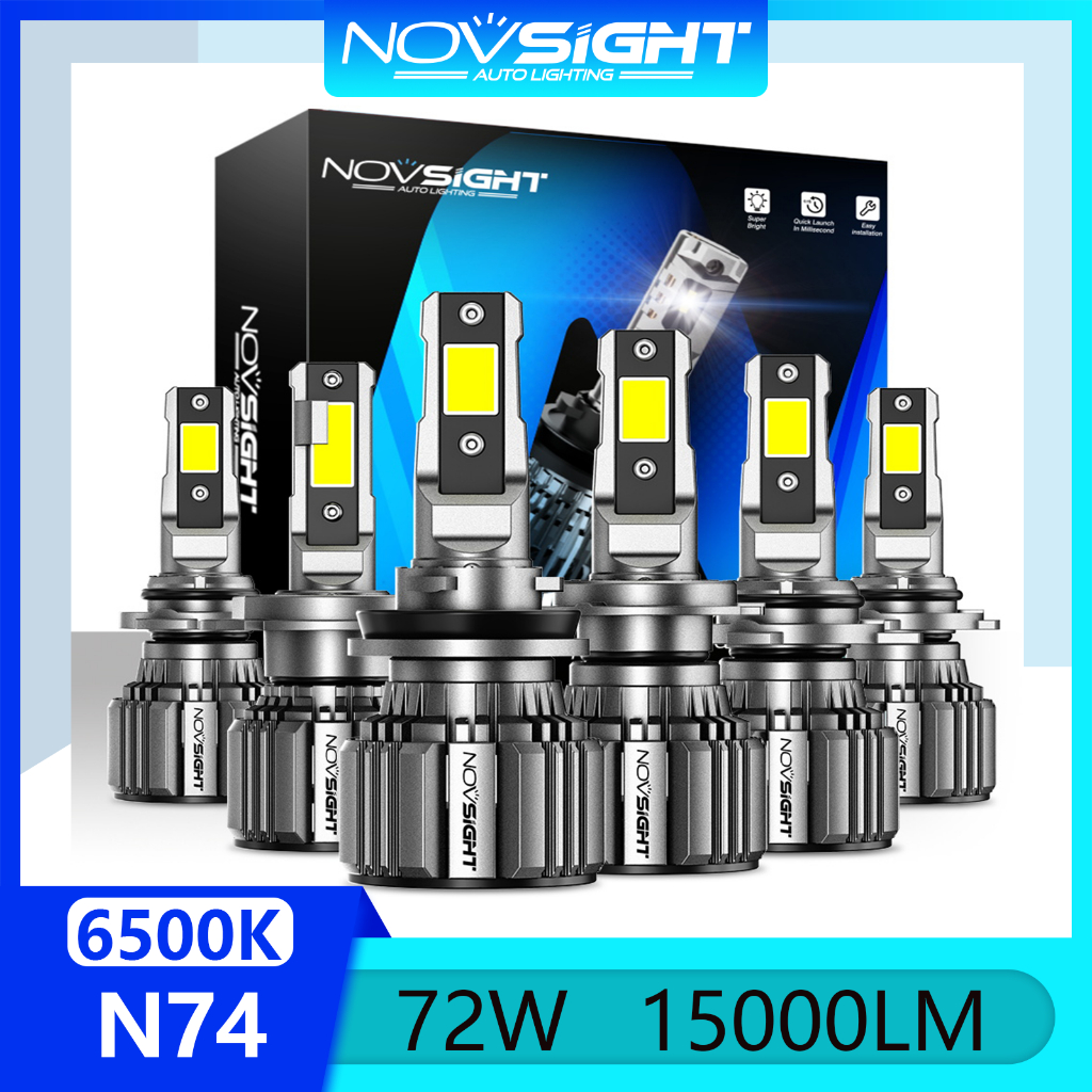 ใหม่ล่าสุด Novsight N74 หลอดไฟหน้ารถ LED 9005 9006 9012 H4 H7 H11 ไฟ LED สำหรับไฟตัดหมอกสูง/ต่ำ 72W 15000LM 6500K Super Bright Plug &amp; Play 2 ชิ้น รับประกัน 1 ปี