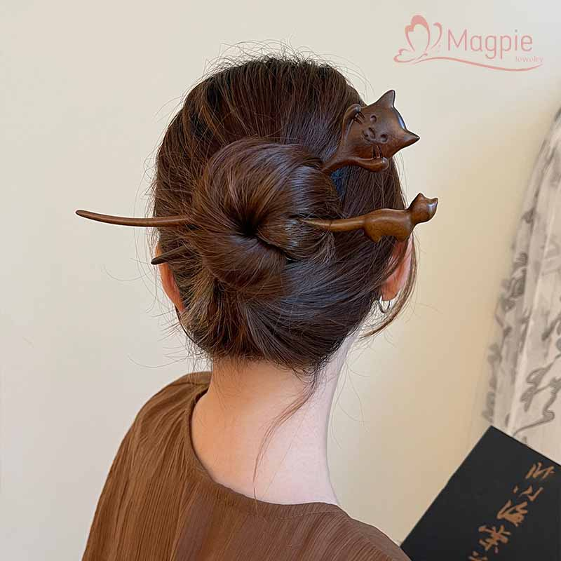 [Magpie] กิ๊บติดผมไม้จันทน์ ลายแมวน่ารัก สไตล์โบราณ ระดับไฮเอนด์ สําหรับผู้หญิง
