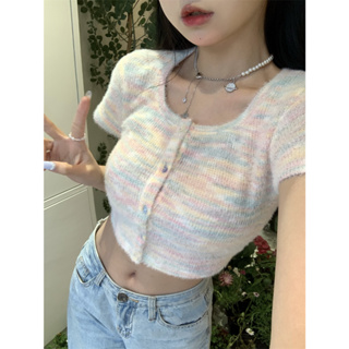 Design Sense Rainbow Cotton Candy Sweet Square Neck Short Fit Slim Short Sleeve Knitted T-shirt