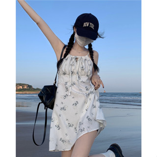 Oxygen Girl Korean Fragmented Flower Hanging Strap Waist Dress First Love Flower Skirt Short Version Long Sleeve Coat