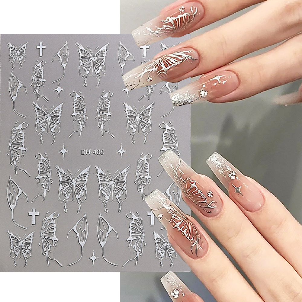 Holographic Gold Silver Butterfly สติ๊กเกอร์ติดเล็บ 3D Laser Design Stars สติ๊กเกอร์ติดเล็บ Y2K Fair