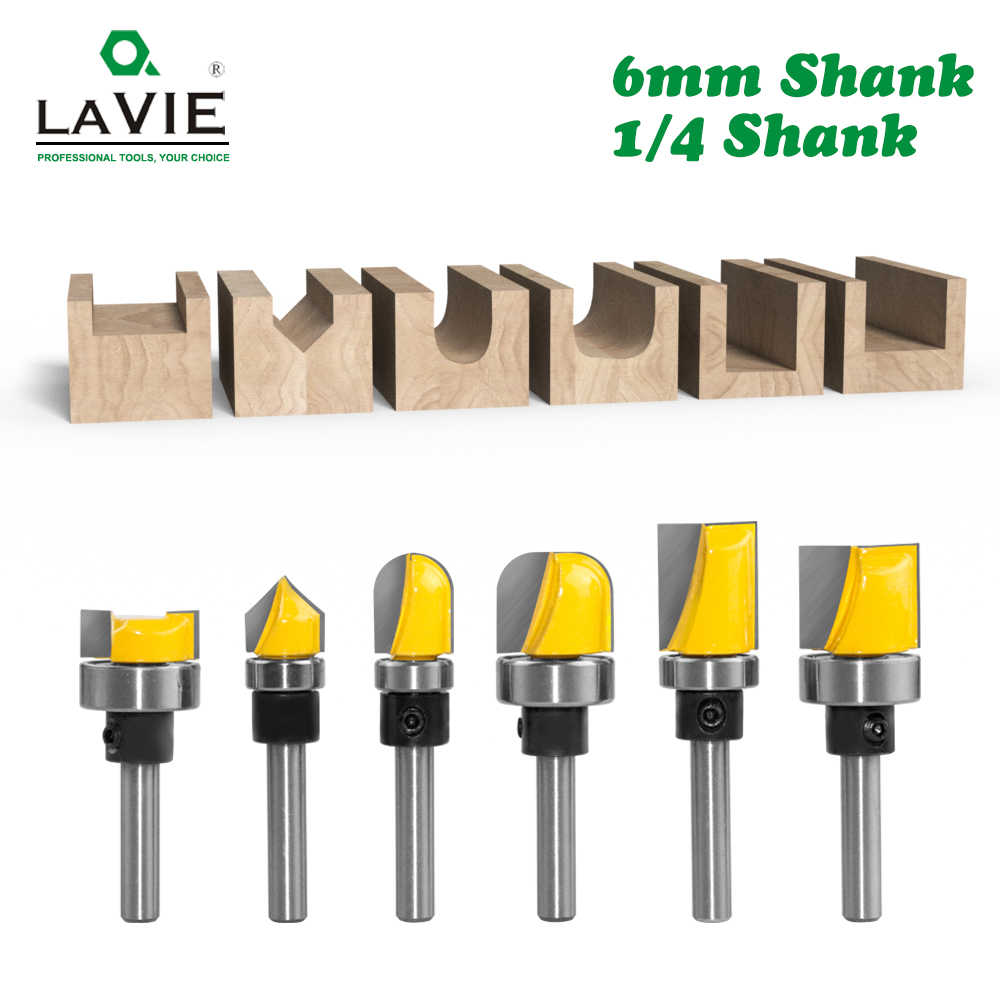 LAVIE 6PC 1/4 "6 มม.Shank รูปแบบ Bit Flush Trim Bit ตรงแบริ่งบานพับ Mortising Router Bit ไม้ Trimmer