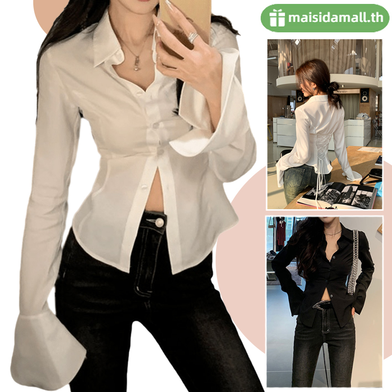 พร้อมส่ง MSD เสื้อเเขนยาวเซ็กซี่ผ้าบาง เสื้อเชิ้ต เป็นทรงเข้ารูป ดีเทลผูกเชือกด้านหลัง