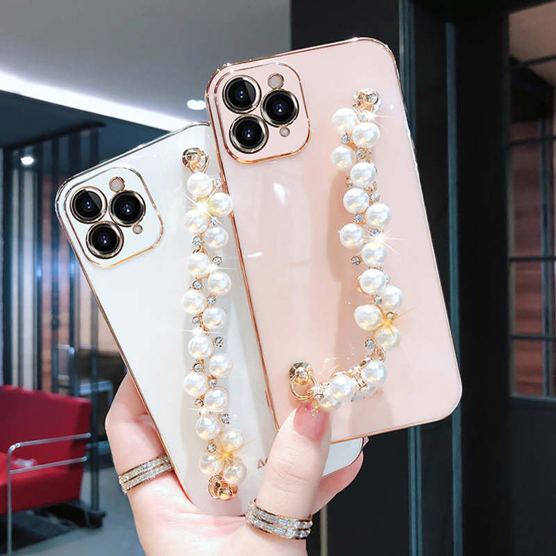 สําหรับ iPhone 16 15 13 14 12 11 Pro X XS Max XR 7 8 Plus กรณีเคสโทรศัพท์ Soft Smooth พร้อม Pearls สร้อยข้อมือหรูหรา