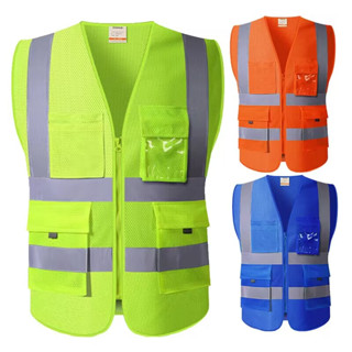 Hi Vis เสื้อกั๊กทํางาน เสื้อกั๊กสะท้อนแสง สีเหลือง สีส้ม สีฟ้า