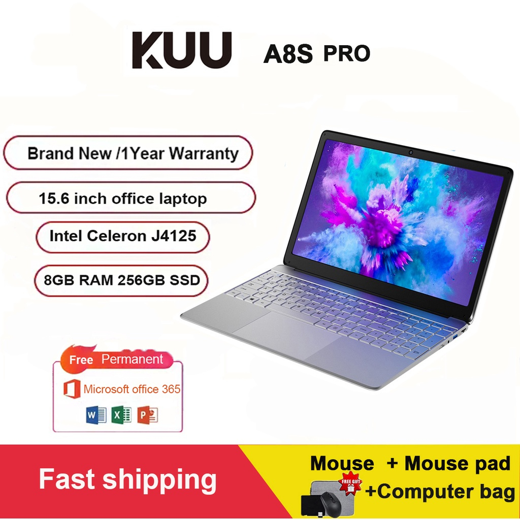 Kuu A8s Pro 15.6 นิ้ว แรมแล็ปท็อป 8gb 256gb SSD Intel J4125 ถึง 2.7ghz หน้าจอ FHD