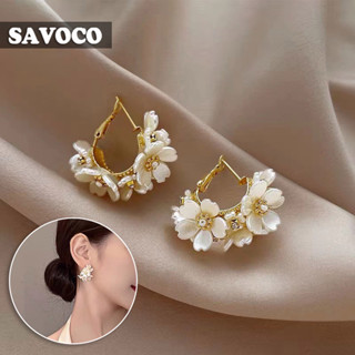 Savoco ต่างหูสตั๊ด เงิน 925 รูปตัว C ดอกไม้ สีขาว เครื่องประดับแฟชั่น สําหรับผู้หญิง SE122