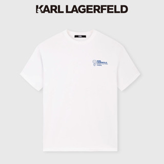 เสื้อยืดแขนสั้น พิมพ์ลายโลโก้การ์ตูน KARL LAGERFELD แต่งรูกลวง สีฟ้า สําหรับผู้ชาย