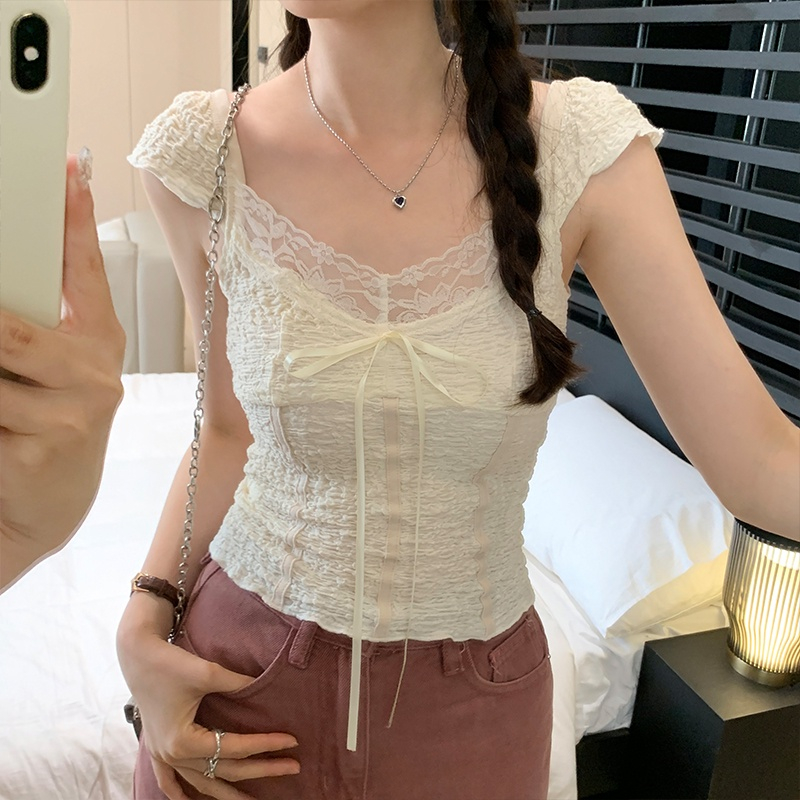 65391 เสื้อสายเดี่ยว คอวี แต่งลูกไม้ สไตล์ฝรั่งเศส แฟชั่นฤดูร้อน