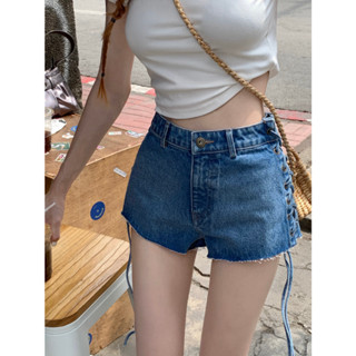 Vintage nostalgic side drawstring denim hot girl shorts high waisted denim shorts drawstring slimming sexy hip wrap shorts