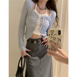 Sweet and spicy long sleeved cardigan jacket with halter vest+suit one-step skirt sunscreen shirt small jacket cardigan blouse Camisole underneath skirt