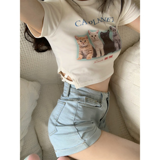 Meow Girlfriend Cat Print T Spicy Girl Umbilical Short/Loose Regular 2 Edition Round Neck Short Sleeve T-shirt