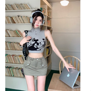 「Nonfatgirl」เสื้อแขนกุด คอสูง พิมพ์ลาย สไตล์อเมริกัน และกระโปรงสั้น ป้องกันแสงสะท้อน สําหรับผู้หญิง