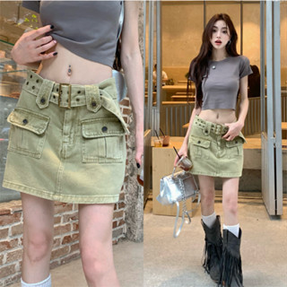 Washed summer pocket belt Spicy girl skirt skirt A-line skirt Denim skirt