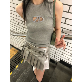 Hollow knit sexy spicy girl top American silver pleated skirt