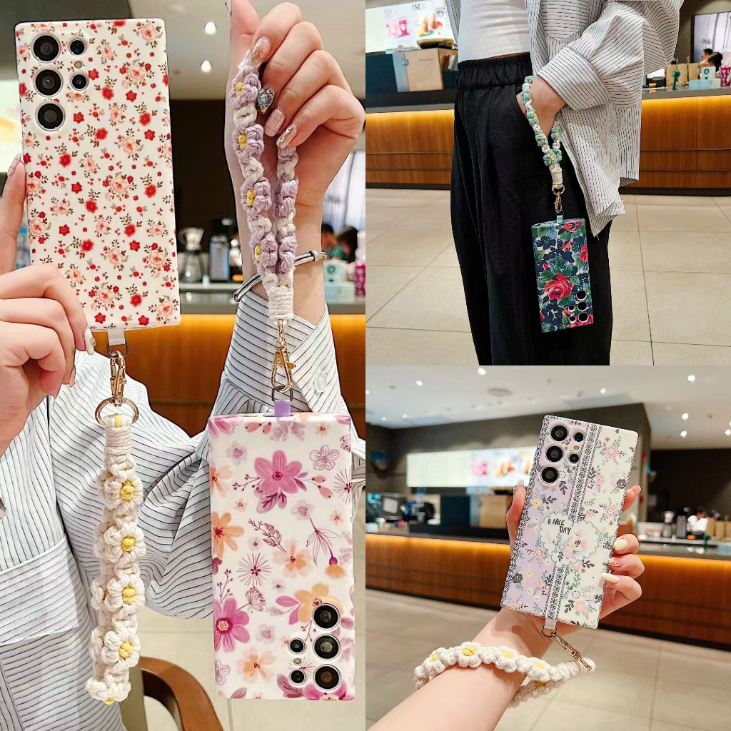 แฟชั่น ย้อนยุค ดอกไม้ขนาดเล็ก เดซี่น้อย สายคล้องมือ เคส Samsung Galaxy S24 Ultra S23 Ultra S22 Ultra S22 S23 S24 Plus + 5G S21FE Case ใหม่ ป้องกันการหล่น นุ่ม ซิลิกาเจล เคส