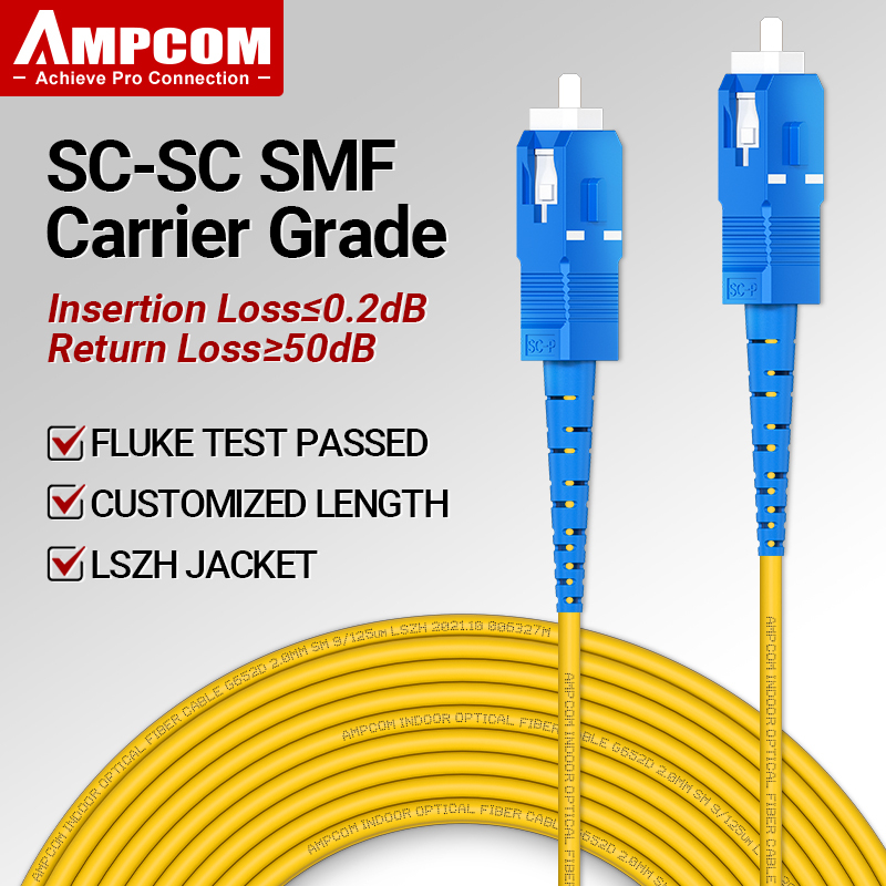 AMPCOM สายแพทช์ใยแสงโหมดเดียวแบบ SC-SC, 9/125, ดูแปลก, UPC, สามารถปรับแต่งได้