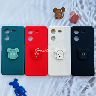 Tecno Pova 5 4G LH7n เคสซิลิโคนเหลว เนื้อแมตต์ ขอบตรง ปิดด้านหลัง พร้อมแหวนขาตั้งโทรศัพท์ หมีโหด แบบพกพา บางเฉียบ