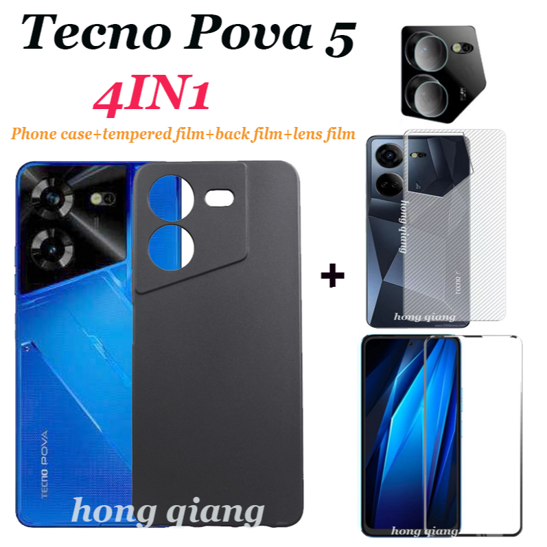 4 in 1 เคสโทรศัพท์มือถือ กระจกนิรภัย กันรอยหน้าจอ ฟิล์มเลนส์ ฟิล์มด้านหลัง สีดํา สําหรับ Tecno Pova 5 Pova 4 Pova 4 pro Pova 3 Pova 2