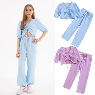 Xzq-4-7 ปี ชุดเสื้อครอป และกางเกง ผ้ายืด สีพื้น แฟชั่นฤดูร้อน สําหรับเด็กผู้หญิง