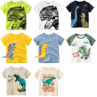 เสื้อยืดแขนสั้น ผ้าฝ้ายแท้ พิมพ์ลายไดโนเสาร์น่ารัก สีเหลือง สีฟ้า สําหรับเด็กผู้ชาย และเด็กผู้หญิง