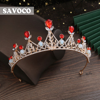 Savoco มงกุฎเจ้าหญิง ประดับลูกปัด เพทาย สีแดง สไตล์วินเทจ สีเงิน เครื่องประดับแฟชั่น สําหรับผู้หญิง SH066