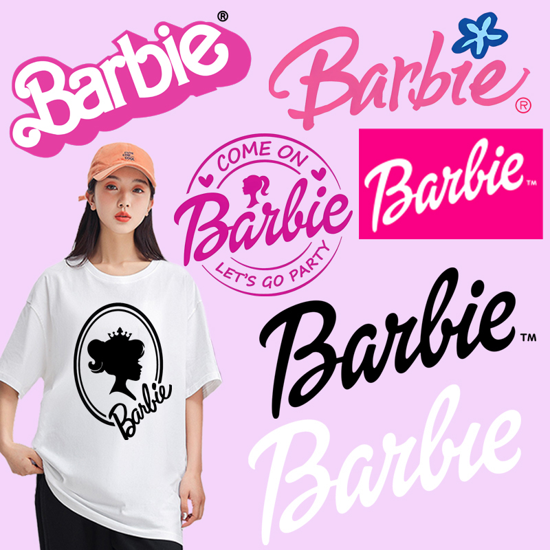 แผ่นรีดติดเสื้อ ลายการ์ตูนโลโก้บาร์บี้ DIY สําหรับตกแต่งเสื้อผ้า