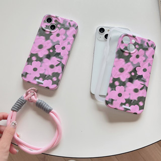 2-in-1 เคสโทรศัพท์มือถือแบบนิ่ม TPU กันกระแทก ลายดอกไม้สีชมพู พร้อมสายคล้องมือ แฟชั่น สําหรับ iPhone 14 Pro Max 13Pro 11ProMax 13 12 Pro Max