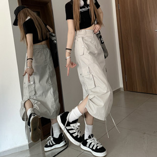 American Retro Work Dress Womens Pleated Drawstring Casual Straight Split Half Skirt A-line Skirt