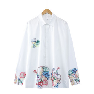 เสื้อเชิ้ตแขนยาวลําลอง ทรงหลวม พิมพ์ลาย สีขาว แฟชั่นฤดูร้อน สไตล์ฮาวาย สตรีท สําหรับผู้ชาย และผู้หญิง