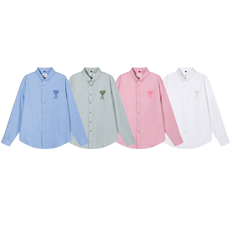 เสื้อเชิ้ตแขนยาว ผ้าออกซ์ฟอร์ด ปักลายหัวใจ สีมาการอง สไตล์คลาสสิก พร้อมส่ง