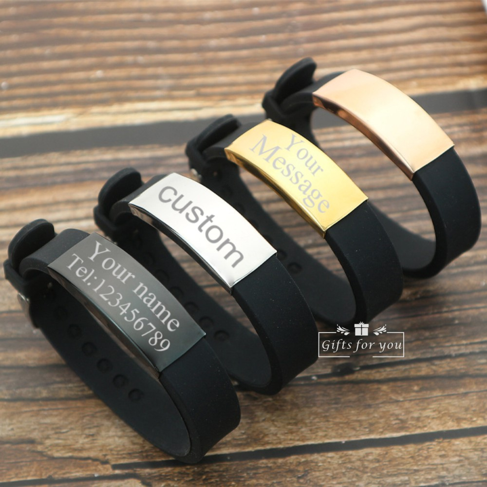 G4U❤B77 ที่กําหนดเองผู้ชายส่วนบุคคลสร้อยข้อมือแกะสลักชื่อซิลิโคนกีฬาข้อมือ รหัส แท็กสร้อยข้อมือ