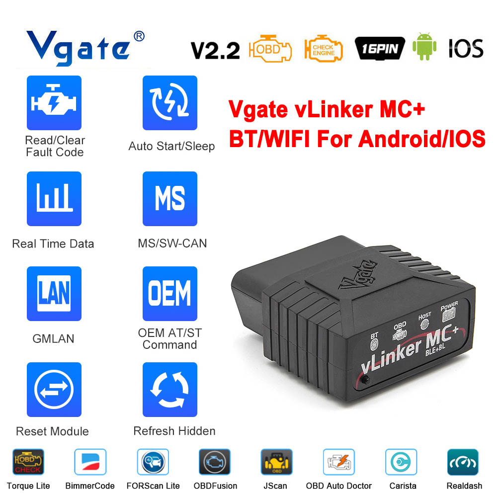 Vgate vLinker MC+ ELM327 V2.2 บลูทูธ 4.0 WIFI สําหรับเครื่องสแกนเนอร์ Android IOS OBD2 OBD 2 BimmerC