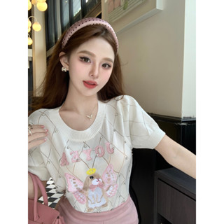 Tinrry เสื้อยืด ปักลายกระต่ายน้อย ประดับเพชร สําหรับเด็กผู้หญิง