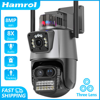 Hamrol กล้องวงจรปิดไร้สาย 4K 8MP สามเลนส์ กันน้ํา มองเห็นที่มืด สําหรับบ้าน