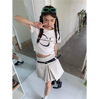 Korean niche design Spicy Girl Shoulder T-shirt Short Sleeve Cool Print High Waist Slim Short Top