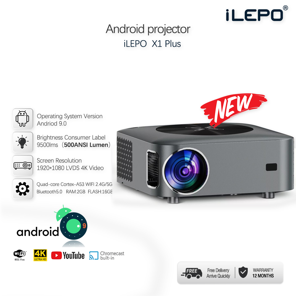 Projector 4K HD 12000 Lumen โปรเจคเตอร์ Built-In Android 9.0 2GB 16GB X1Pro ilepo HIFI Sound netflix Android Projector