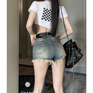 Retro Raw Edge Denim Shorts Womens High Waist Slim Wide Leg A-line Hot Pants Denim Shorts