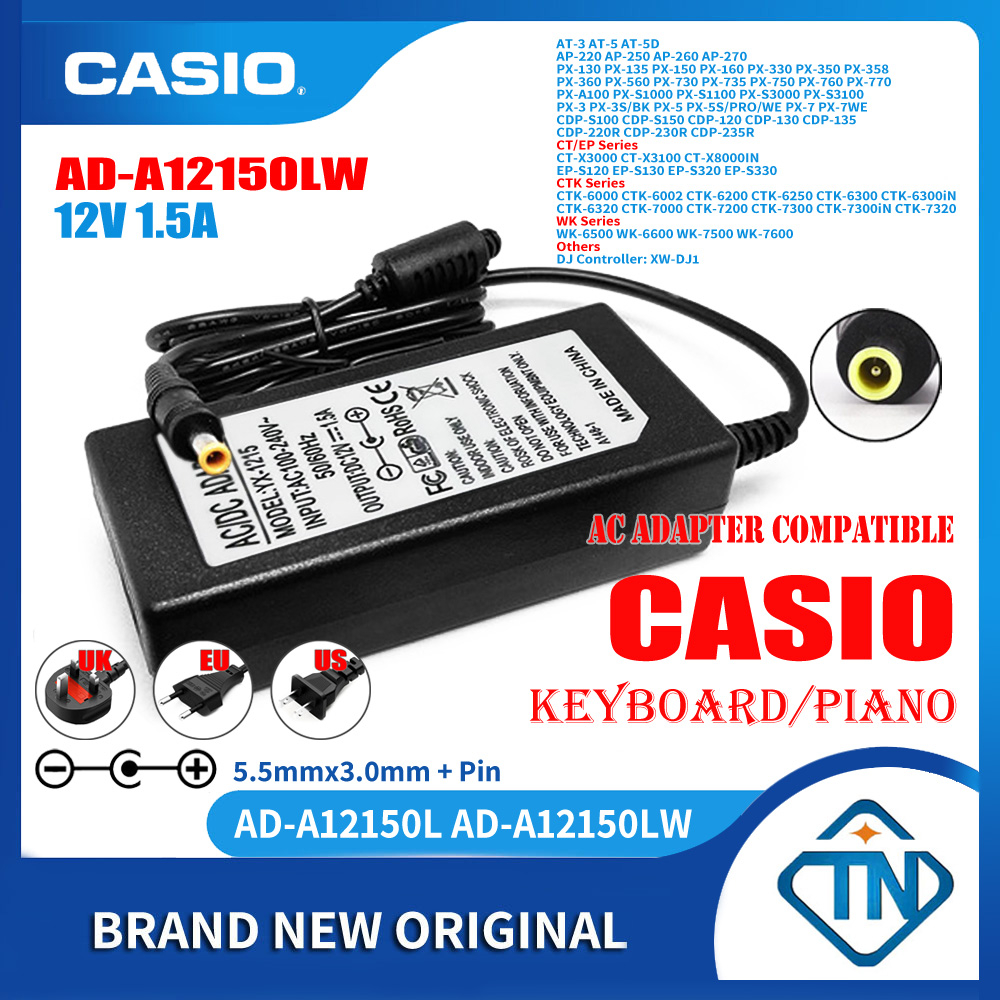 อะแดปเตอร์พาวเวอร์ซัพพลายเปียโนคีย์บอร์ด 12V 1.5A AC DC AD-A12150LW สําหรับ Casio CDP-235R CDP-S100 CDP-S150 BK WE CT-X3000 CT-X3100 CT-X8000IN