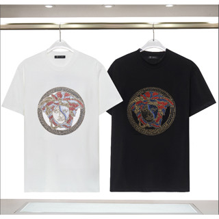 Versace ใหม่ เสื้อยืดแขนสั้น คอกลม ผ้าฝ้ายแท้ แฟชั่นฤดูใบไม้ผลิ ฤดูร้อน สําหรับผู้ชาย และผู้หญิง 2023