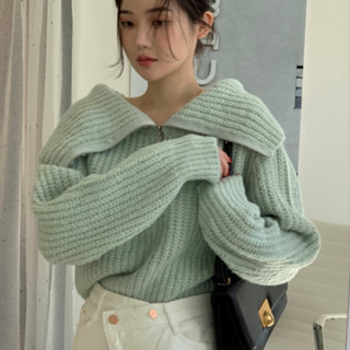 เสื้อคาร์ดิแกนกันหนาว แขนยาว คอปก ผ้าถัก มีซิป ทรงหลวม ขนาดใหญ่ คุณภาพดี สไตล์เกาหลี สําหรับผู้หญิง